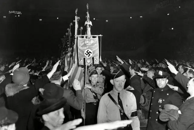 The crowd gathered outside Madison Square Garden for a 1939 Nazi rally